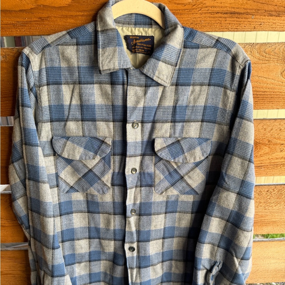 Vintage 1950s Milliken Acrallama Wool Board Shirt Loop Collar Plaid Rockabilly-M